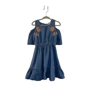GUESS Girl’s Denim Cold Shoulder Floral Embellished Dress / Size: 4T